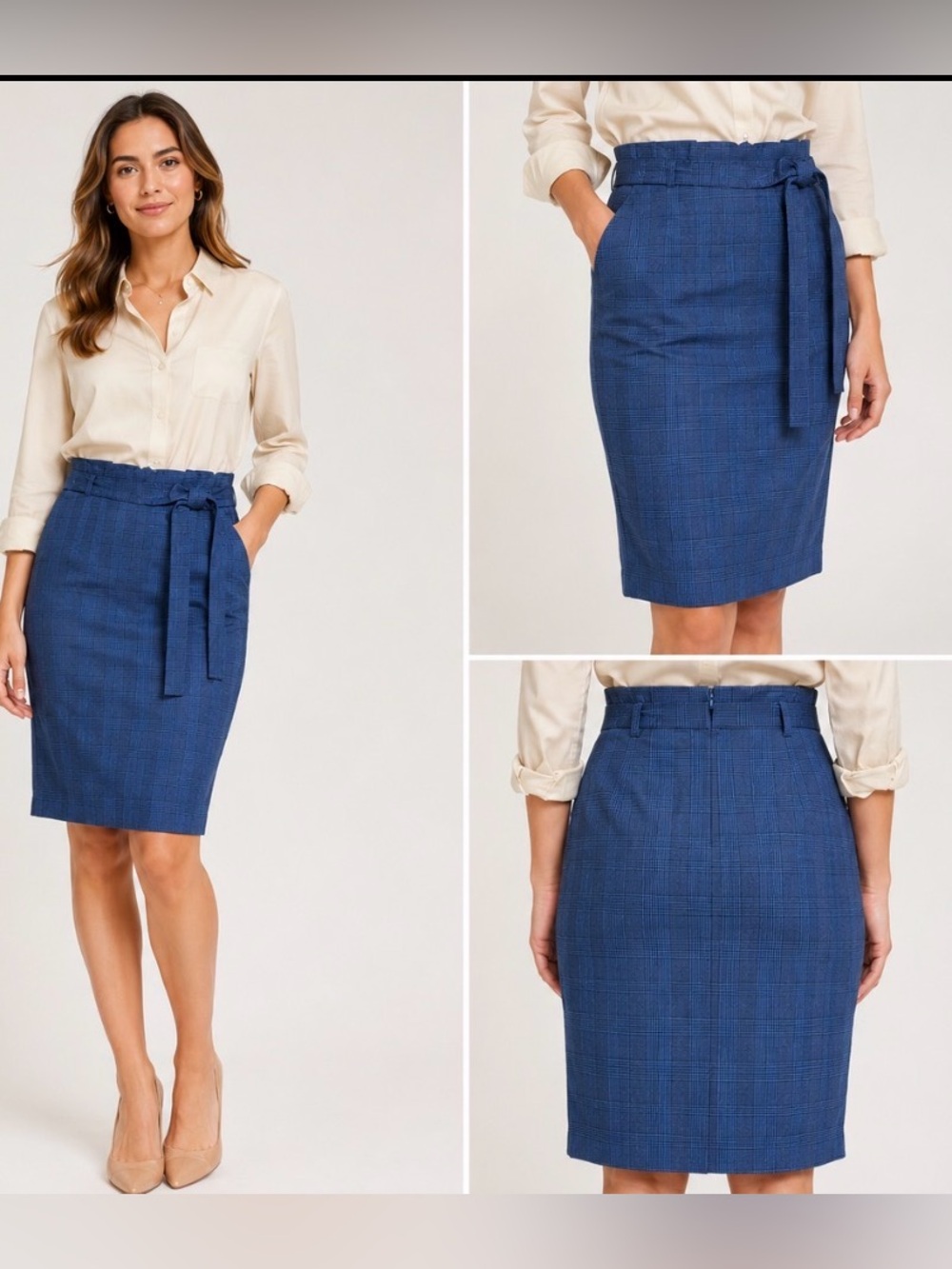 Banana Republic Womens 8P Gray Blue Career Plaid Skirt NEW